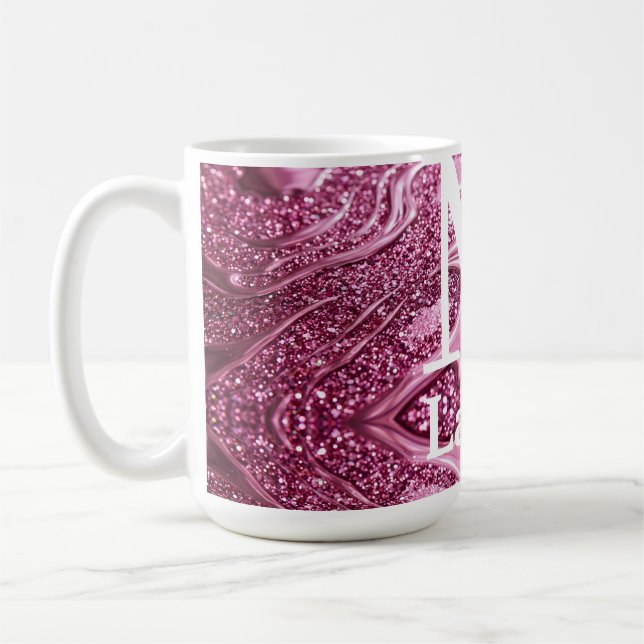 Mug monogramme de nom girly abstrait métallisé rose (Gauche)