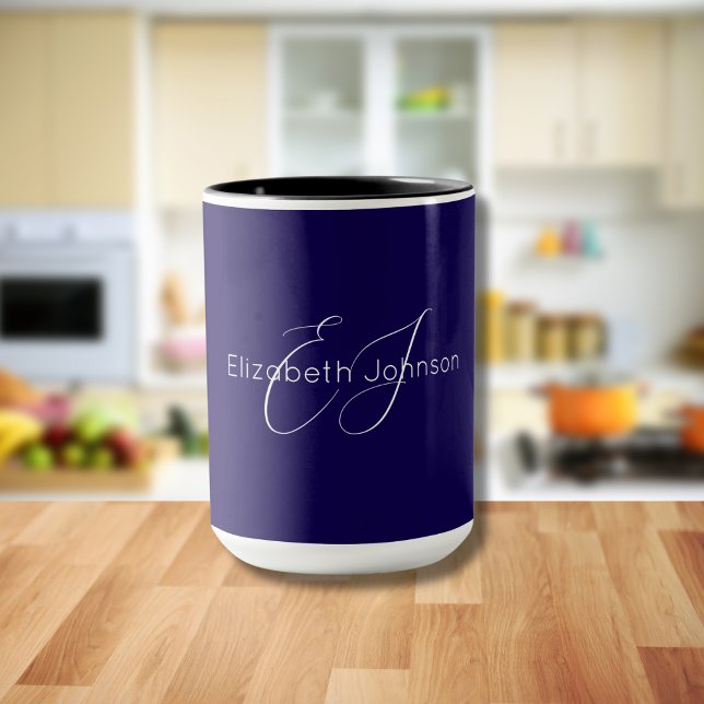 Mug monogramme de nom minimaliste bleu et blanc (Créateur téléchargé)