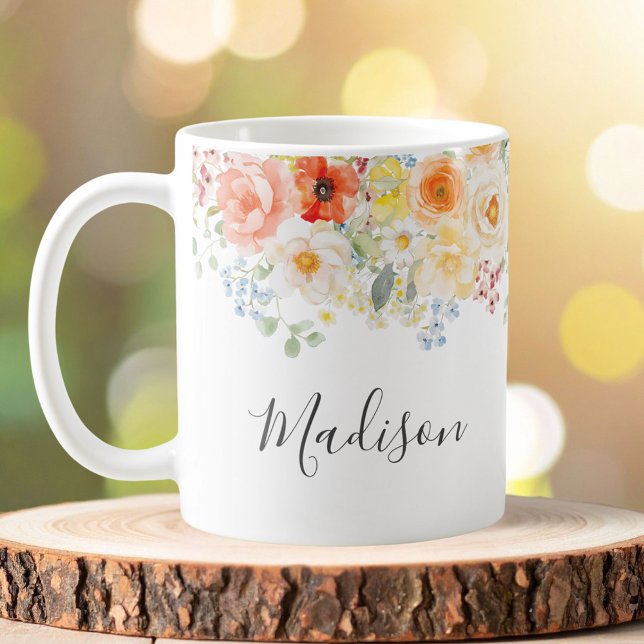 Mug Monogramme de nom personnalisé aquarelle florale e (Créateur téléchargé)