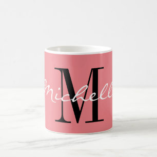 Mug monogramme de nom personnalisé rose et blanc de c
