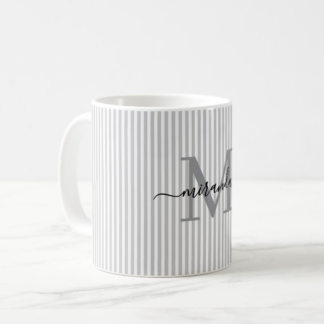 Mug Monogramme de nom Rayure Grise Moderne (Devant gauche)
