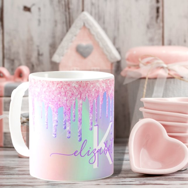 Mug monogramme de nom rose rose holographique (Créateur téléchargé)
