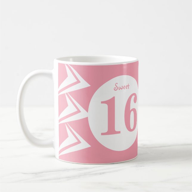 Mug Monogramme de nom Sweet 16 rose et blanc (Gauche)