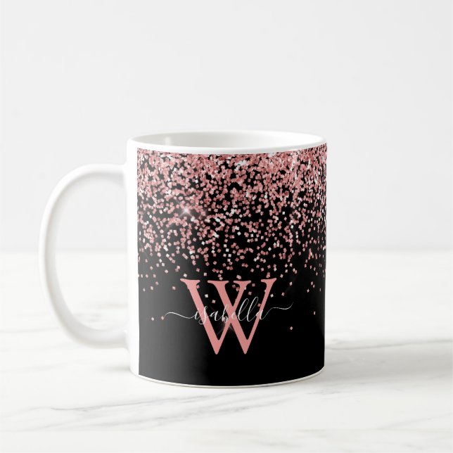 Mug Monogramme de Parties scintillant noire rose (Gauche)