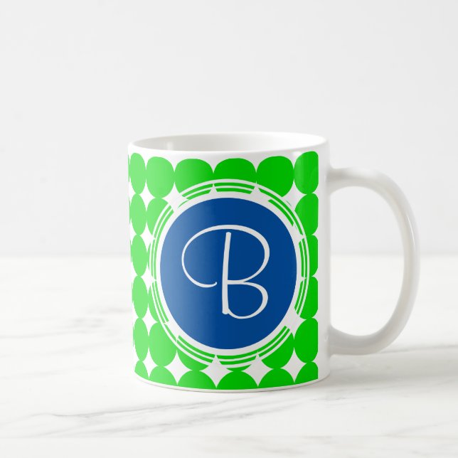 Mug Monogramme de point Polka bleu et vert (Droite)