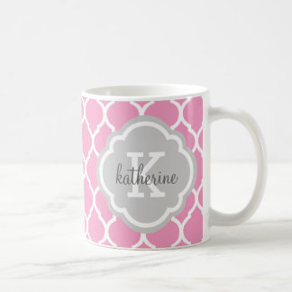 Mug Monogramme de Quatrefoil marocain rose et gris