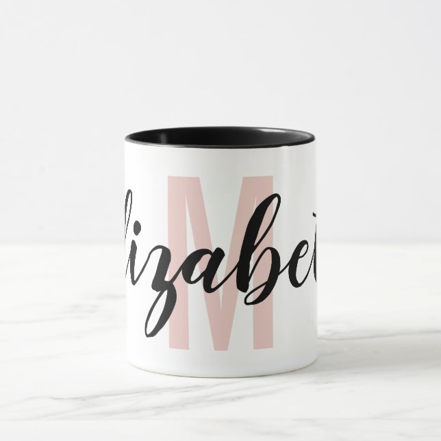 Mug Monogramme de script de la main rose noire simple (Centre)