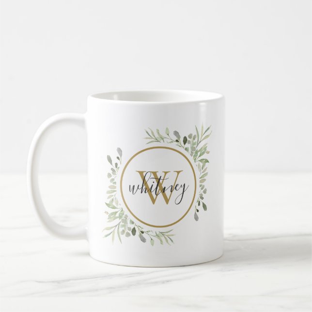 Mug Monogramme de script de verdure dorée personnalisé (Gauche)