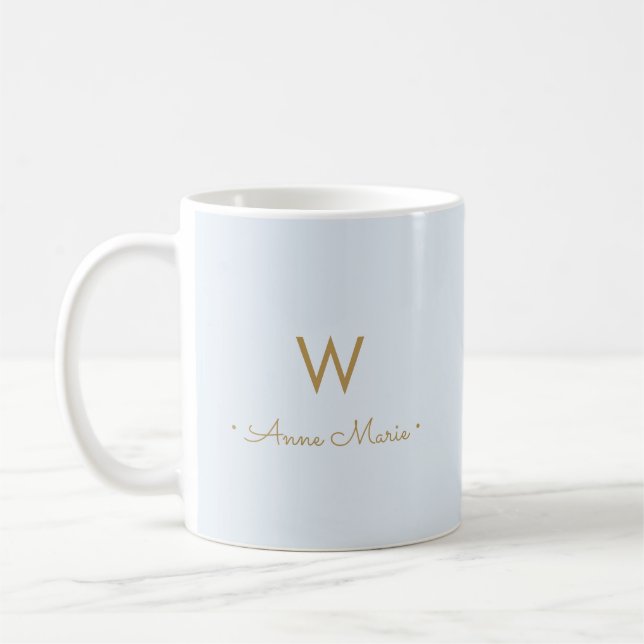 Mug Monogramme de script en or bleu clair moderne (Gauche)