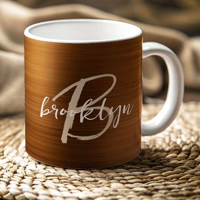 Mug Monogramme de script métallique brossé orange brûl (Créateur téléchargé)