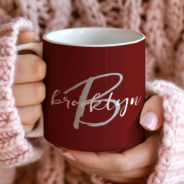 Mug Monogramme de script tendance Bordeaux gris blanc (Créateur téléchargé)