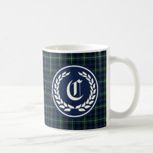 Mug Monogramme de tartan de bleu marine et de vert de