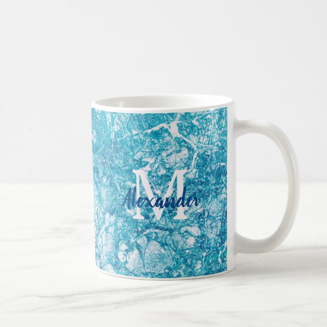 Mug Monogramme de texture bleu et Marbre blanc (Droite)