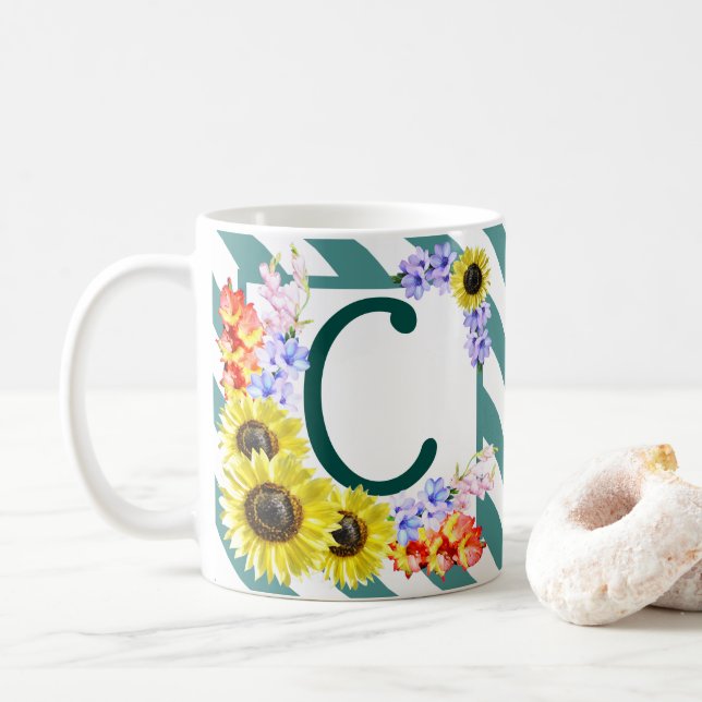 Mug Monogramme de tournesol Rayures Turquoises (Avec donut)