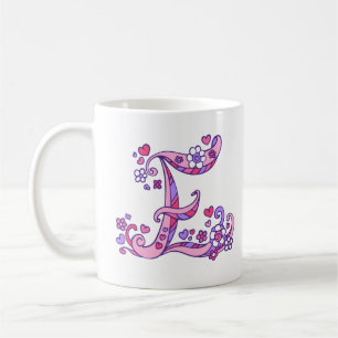 Mug Monogramme décoratif E coeurs & fleurs rose violet
