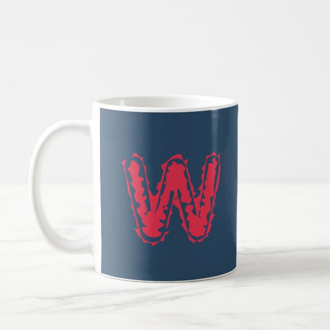 Mug Monogramme déplaisant rouge sur bleu (Gauche)