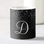 Mug Monogramme d'étincelle à Parties scintillant noire<br><div class="desc">Personnalisez facilement ce design élégant et tendance de tasse à café avec une jolie parties scintillant brillante noire sur un arrière - plan métallique brossé noir.</div>