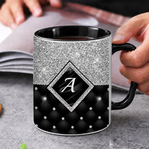 Mug Monogramme diamant noir argent cristal faux stylé