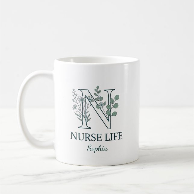Mug Monogramme d'infirmière florale personnalisé (Gauche)