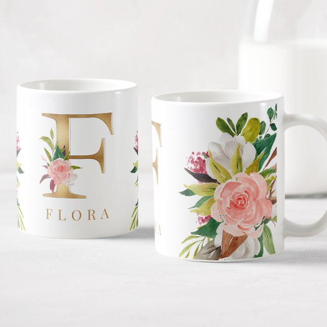 Mug Monogramme d'or Aquarelle Florale Botanique (Créateur téléchargé)