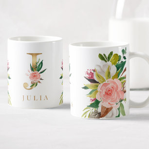 Mug Monogramme d'or Aquarelle Florale Botanique
