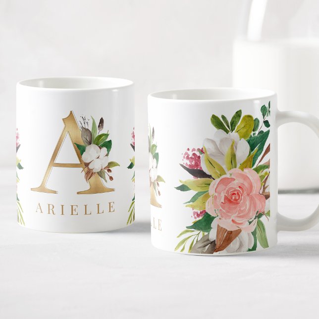 Mug Monogramme d'or Aquarelle Florale Botanique (Créateur téléchargé)