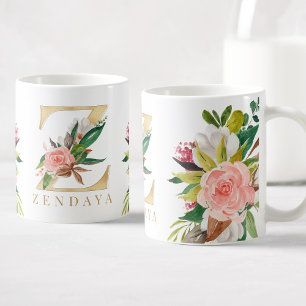 Mug Monogramme d'or Aquarelle Florale Botanique