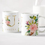 Mug Monogramme d'or Aquarelle Florale Botanique<br><div class="desc">Une tasse à café personnalisée avec un faux monogramme "U" de la lettre d'or,  avec des illustrations décoratives d'aquarelle florale et de feuillage. Customisez facilement avec votre nom ou créez un cadeau unique pour vos proches.</div>