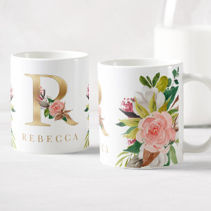 Mug Monogramme d'or Aquarelle Florale Botanique