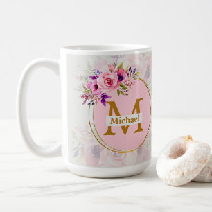 Mug Monogramme doré floral élégant   Nom & Initiale