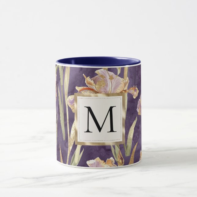 Mug Monogramme doré floral iris violet romantique (Centre)