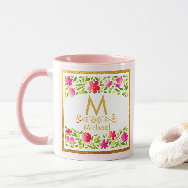 Mug Monogramme doré floral rose aquarelle élégant (Avec donut)
