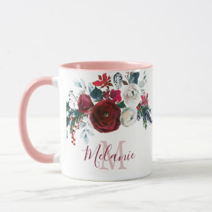 Mug Monogramme du pin floral de Rose blanche de Bourgo