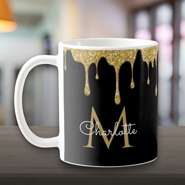 Mug Monogramme écriture fille élégant avec gouttes de  (Gold Glitter Drips Elegant Girly Script Monogram Coffee Mug)