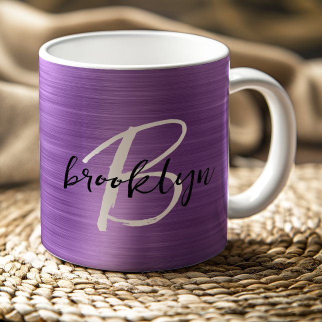 Mug Monogramme écriture noir blanc Métal brossé Violet (Créateur téléchargé)