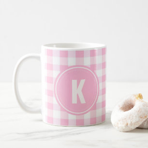 Mug Monogramme élégant à motif gingham rose et blanc