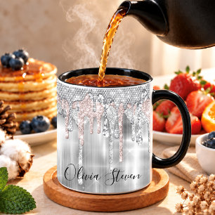 Mug Monogramme élégant argenté pailleté gouttant