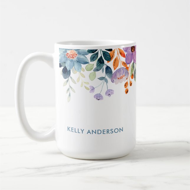 Mug Monogramme élégant floral aquarelle bleu violet (Gauche)