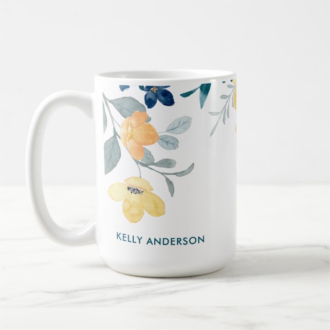 Mug Monogramme élégant floral aquarelle jaune et bleu (Gauche)