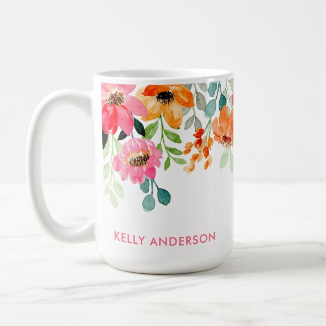 Mug Monogramme élégant floral aquarelle rose (Gauche)