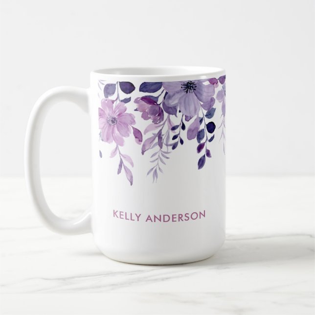 Mug Monogramme élégant floral aquarelle violet (Gauche)