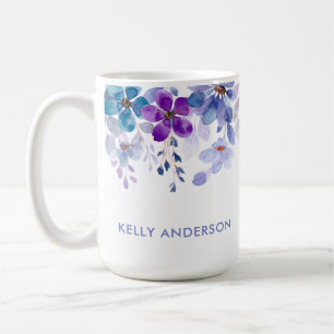 Mug Monogramme élégant floral aquarelle violet et bleu