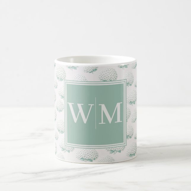 Mug Monogramme Élégant Hydrangea Bleu-vert (Centre)
