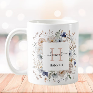 Mug Monogramme Élégant Jolies Fleurs Bleues Beige Flor