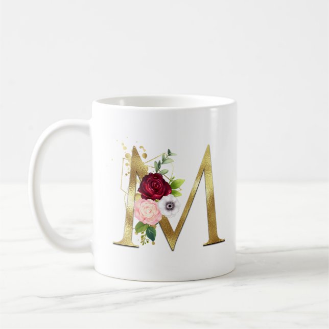 Mug Monogramme Élégant Lettre M Rose Bourgogne Blush D (Gauche)