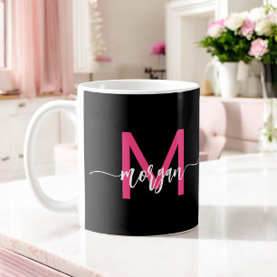 Mug Monogramme élégant moderne rose chaud noir