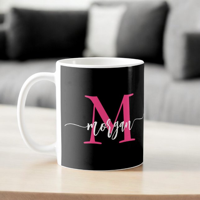 Mug Monogramme élégant moderne rose chaud noir (Créateur téléchargé)