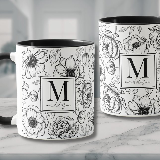 Mug Monogramme Élégant Noir Blanc (Elegant Black White Monogram Mug)