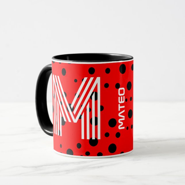 Mug Monogramme Élégant & Nom Moderne | Café Rouge, Noi (Devant gauche)