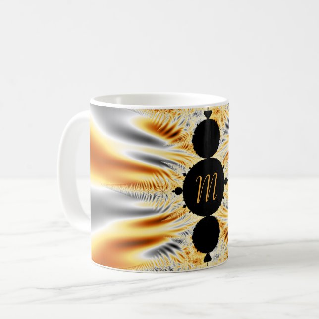 Mug Monogramme Elégant Or Orange & Argent Fractal (Devant gauche)